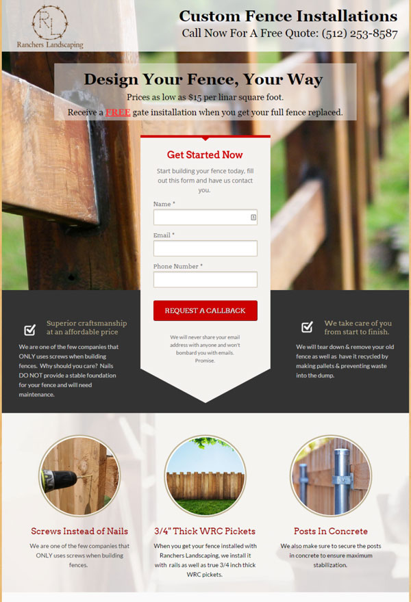 Fence installation PPC landing page example.