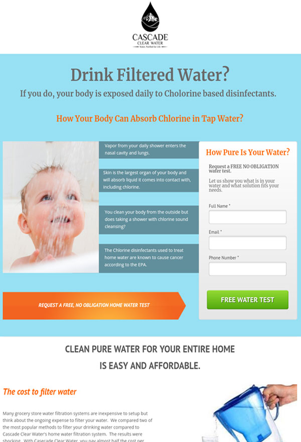 Filtered water PPC landing page example.